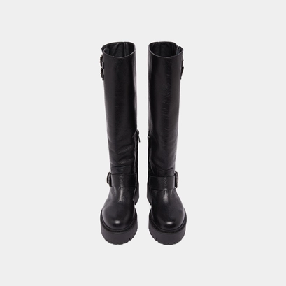 Chunky strap boots with treaded soles in black grained leather | reine