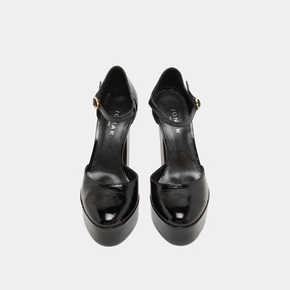 Babies &agrave; hauts talons et plateformes in black glazed leather | VANCOUVER