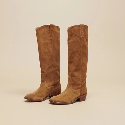 Bottes hautes &agrave; bouts ovales in cognac suede | MANHATTAN