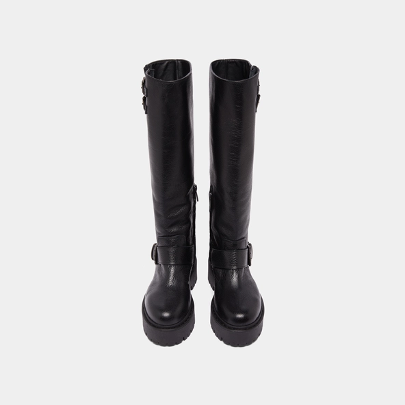 Chunky Strap Boots with Treaded Soles in black grained leather | REINE