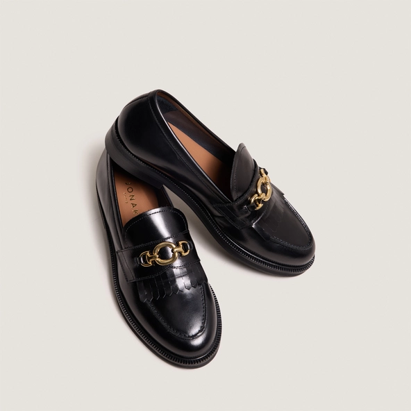 Loafers with gold buckles in black leather | DELPHES