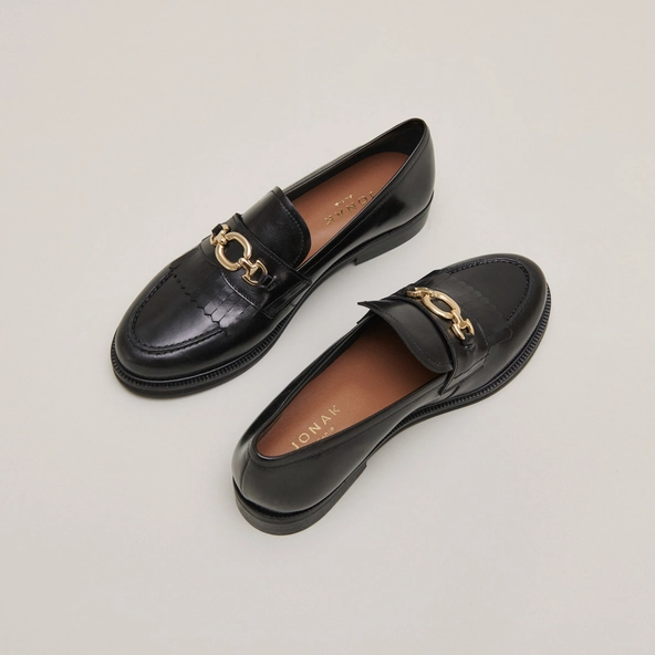 Loafers with gold buckles in black leather | DELPHES