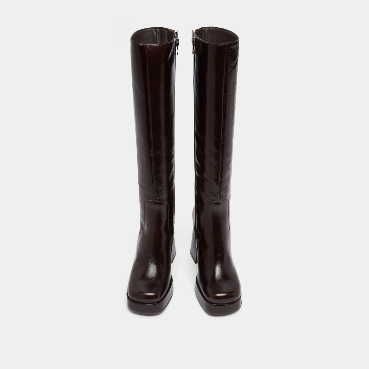 Heeled boots with square-toe in dark brown shiny leather | BRYAN