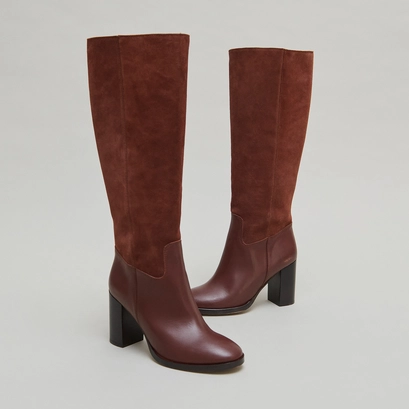 Bottes &agrave; talons in cognac leather and suede | down