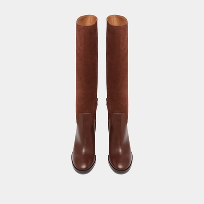 Bottes &agrave; talons in cognac leather and suede | down