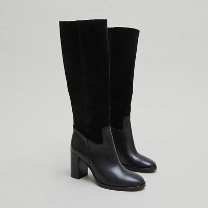 Bottes &agrave; talons in black suede and black leather | down