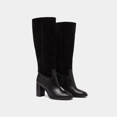 Bottes &agrave; talons in black suede and black leather | down