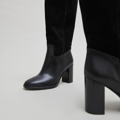 Bottes &agrave; talons in black suede and black leather | down