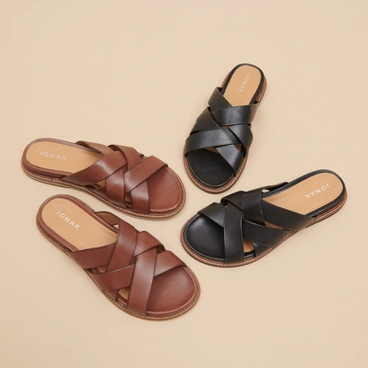 Mules &agrave; brides larges in black leather | alexandre