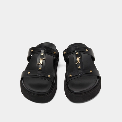Platform sandals in black glazed leather | luana