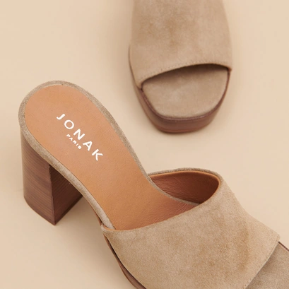 Open-toe mules with high heels in taupe suede | BOREAL