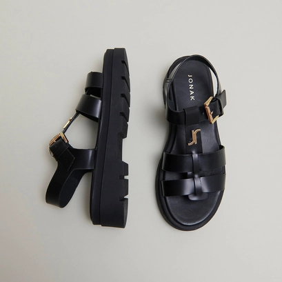 Platform sandals with monogram in black leather | LONDRES