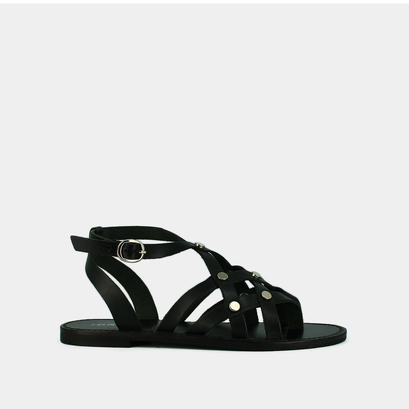 Nu-pieds &agrave; boucles et multiples brides in black leather | wulia