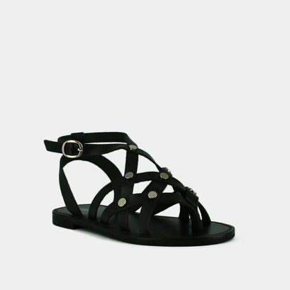 Nu-pieds &agrave; boucles et multiples brides in black leather | wulia