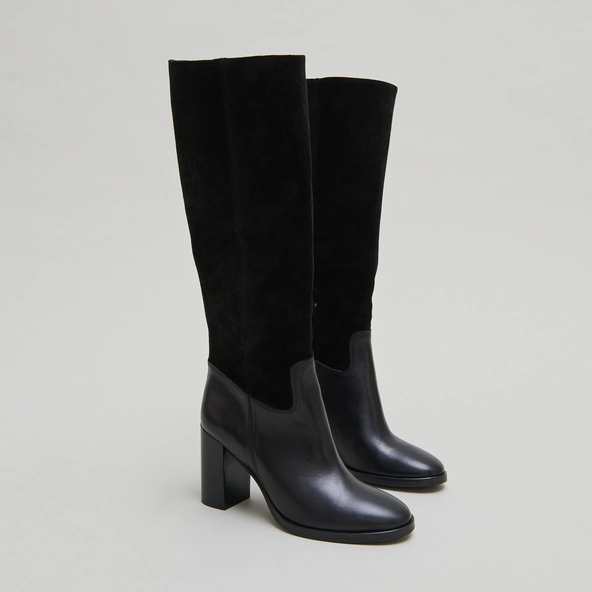 Bottes &agrave; talons in black suede and black leather | DOWN