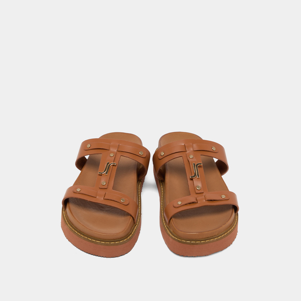 Platform sandals in cognac glazed leather | LUANA