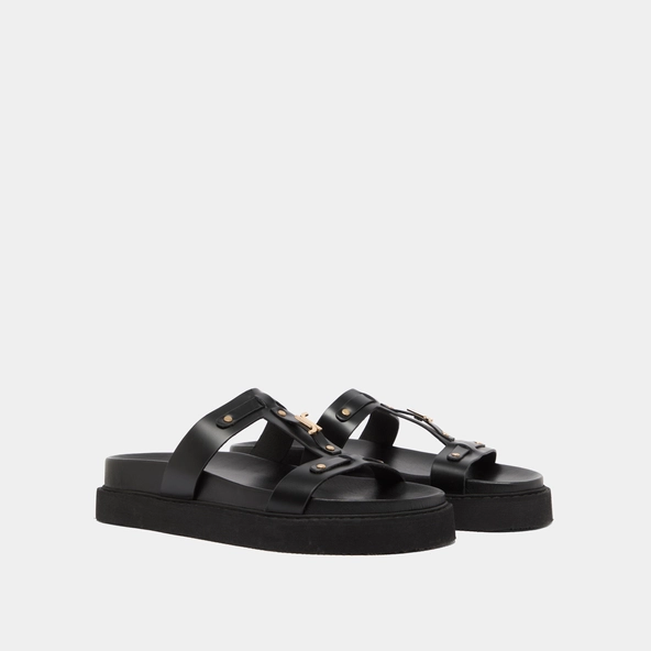 Platform sandals in black glazed leather | LUANA