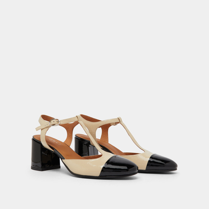 Heeled T-bar in black and ecru patent | DHAPS