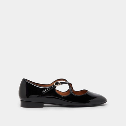 Ballerines &agrave; brides entrecrois&eacute;es in black patent and ecru leather | DUCKY