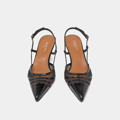 Heeled pumps in shiny black leather and mesh | DAMOISEAU