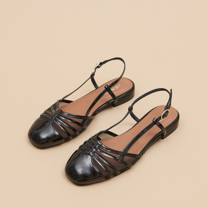 Ballet flats with open backs in black pleated patent and mesh | DESIRE