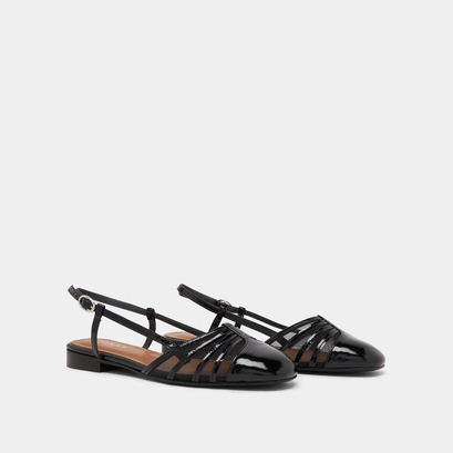 Ballet flats with open backs in black pleated patent and mesh | DESIRE