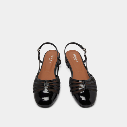 Ballet flats with open backs in black pleated patent and mesh | DESIRE