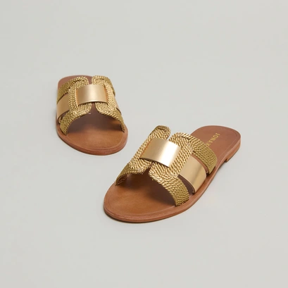 Flat sandals with wide straps in gold rope and gold leather | wilou