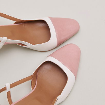Babies with heels in ecru leather and pink pleated patent | DHAPOP