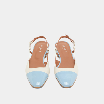 Open back ballet flats in ecru leather and sky blue patent | DHAPOU