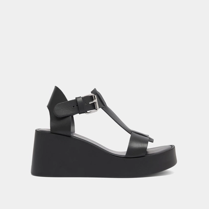 Sandales compens&eacute;es &agrave; boucles ajustables in black leather | estelle