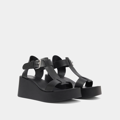 Sandales compens&eacute;es &agrave; boucles ajustables in black leather | estelle