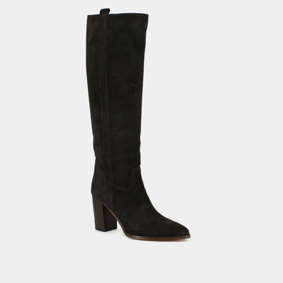 Bottes &agrave; hauts talons et bouts pointus in dark brown suede | peche