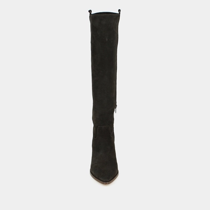 Bottes &agrave; hauts talons et bouts pointus in dark brown suede | peche