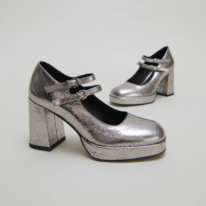 Babies &agrave; doubles brides et plateformes in dark silver metallic leather | verite