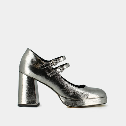 Babies &agrave; doubles brides et plateformes in dark silver metallic leather | verite
