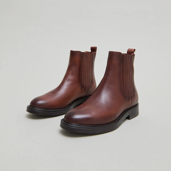 Boots &agrave; fronces in cognac patinated leather | CLEANDRE